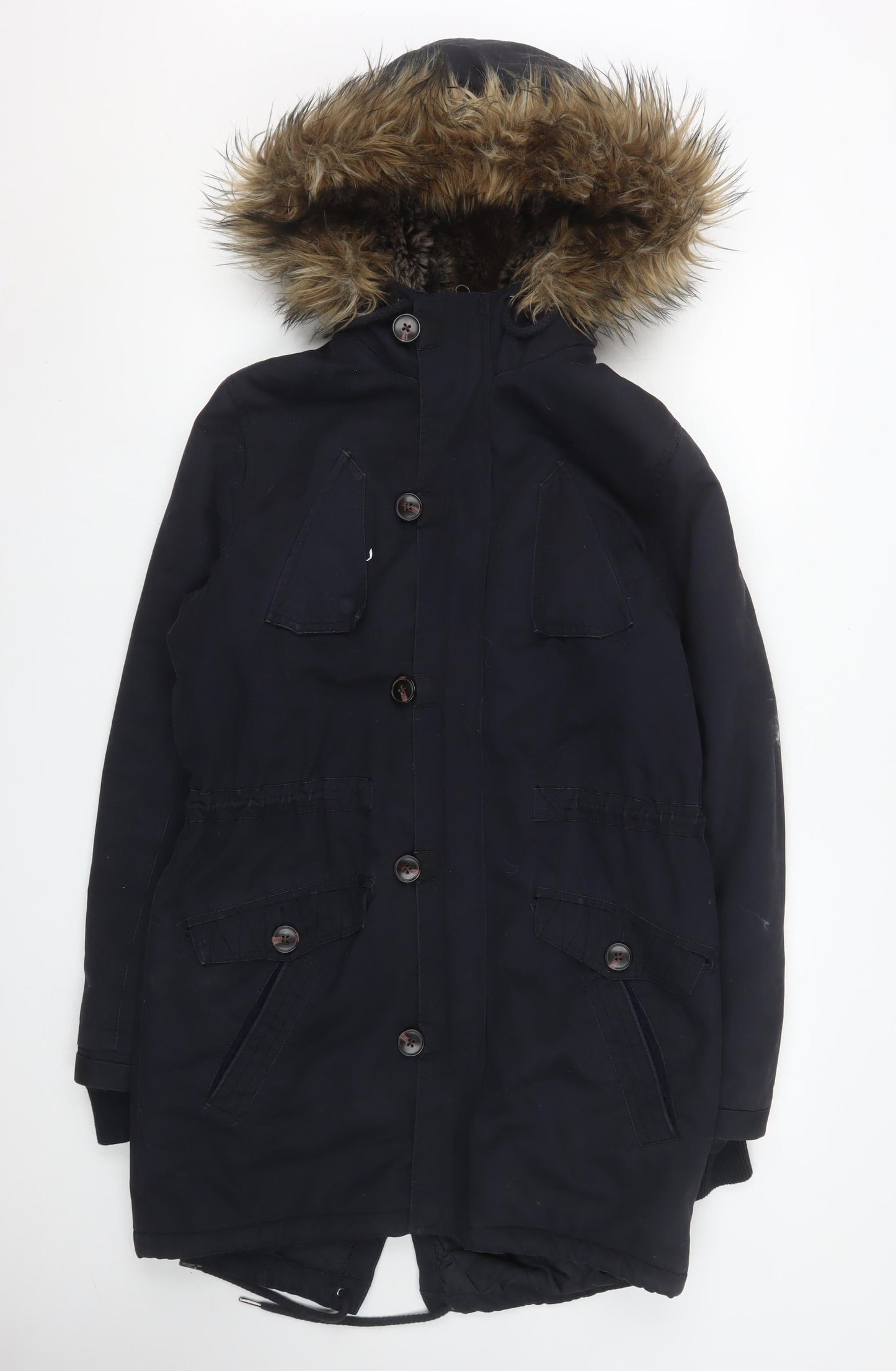 River Island Men's Black Parka Coat S Faux Fur Hooded Winter Jacket