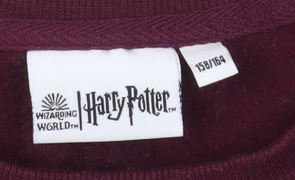 Brand and care label for Harry Potter girls’ red hogwarts logo pullover sweatshirt 14 years