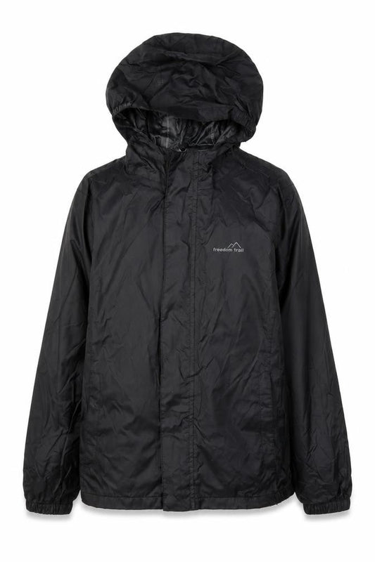 Front view of Freedom Trail girls’ black hooded rain coat 9-10 years water resistant jacket
