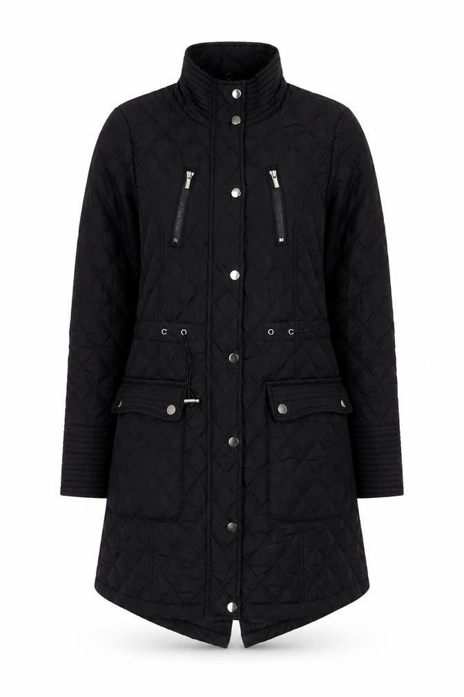 Tu Women’s Black Quilted Long Coat Size 10 Lined Zip Pockets