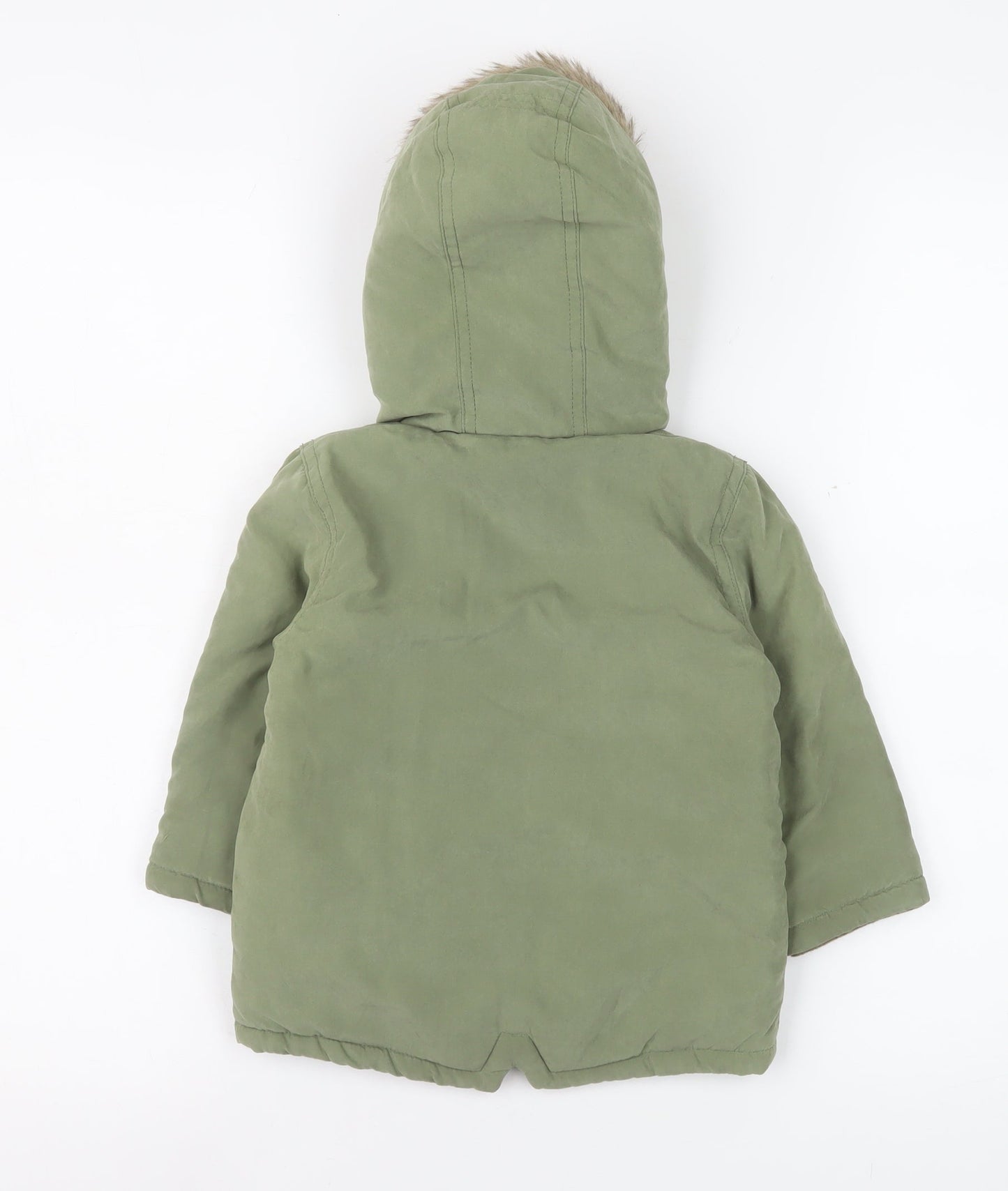 George Unisex Baby Green Hooded Parka Coat 12-18 Months Faux Fur Lined Winter Jacket