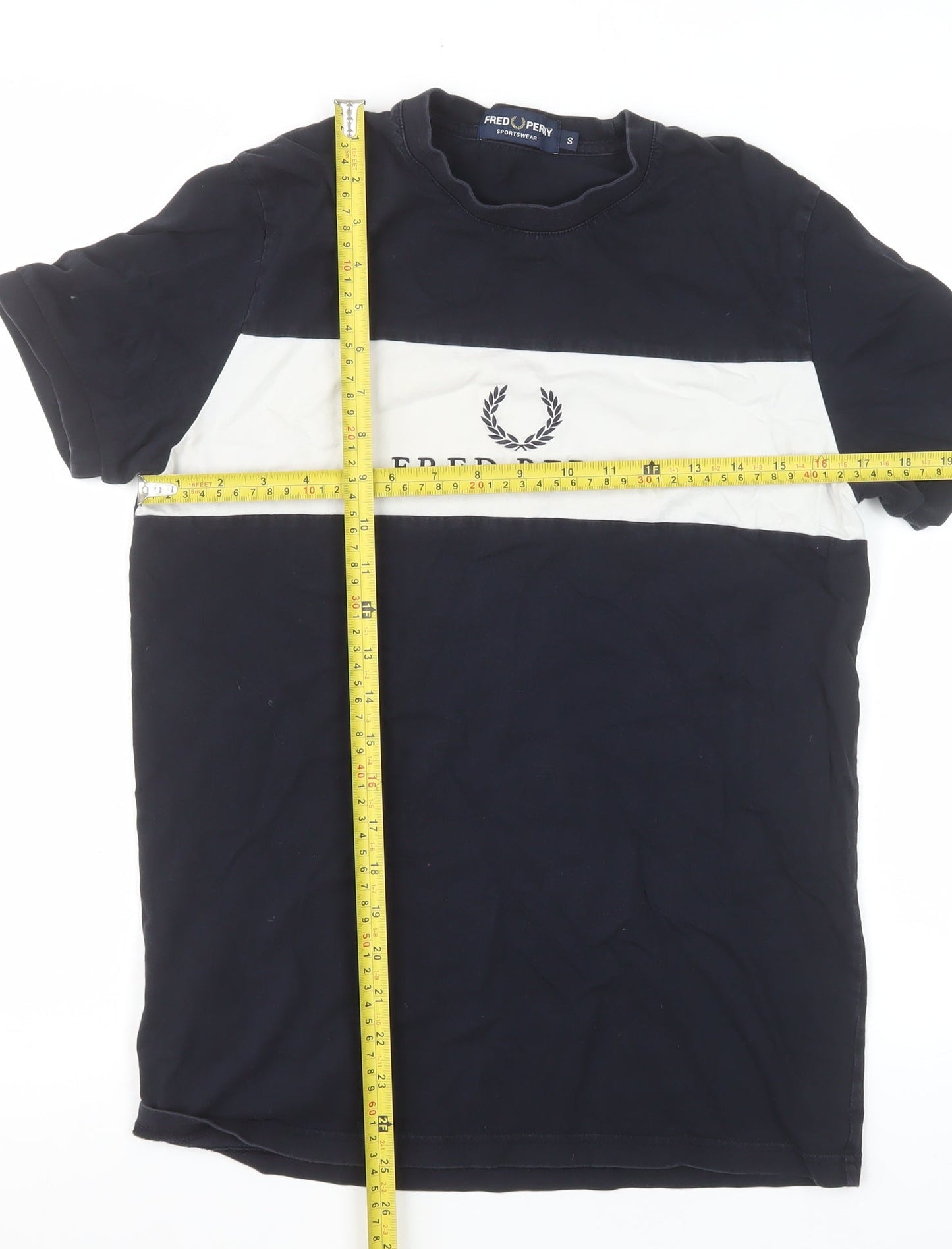 Fred Perry Men's Blue Colourblock Logo Crew Neck Cotton T-Shirt S
