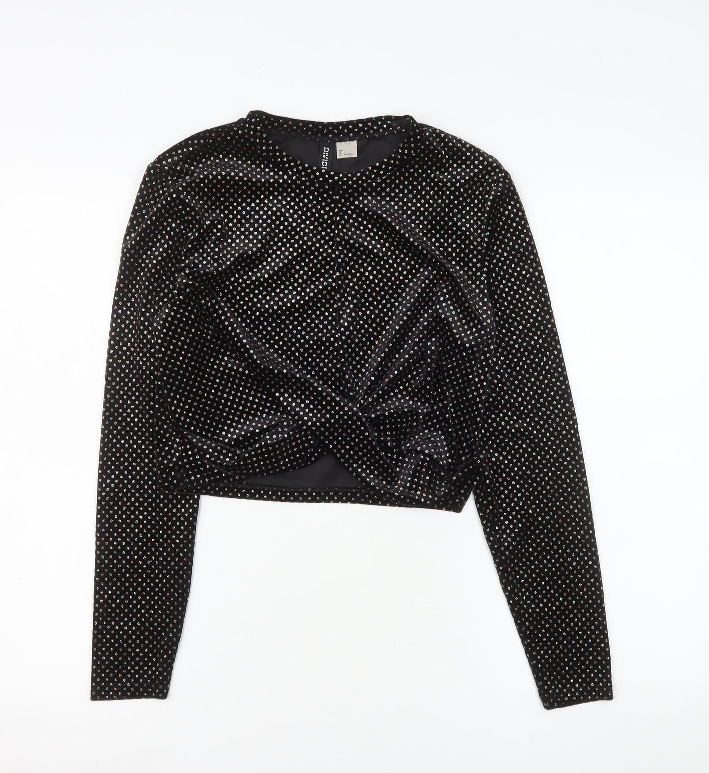 H&M Divided Womens Black Velvet Long Sleeve Cropped Top L
