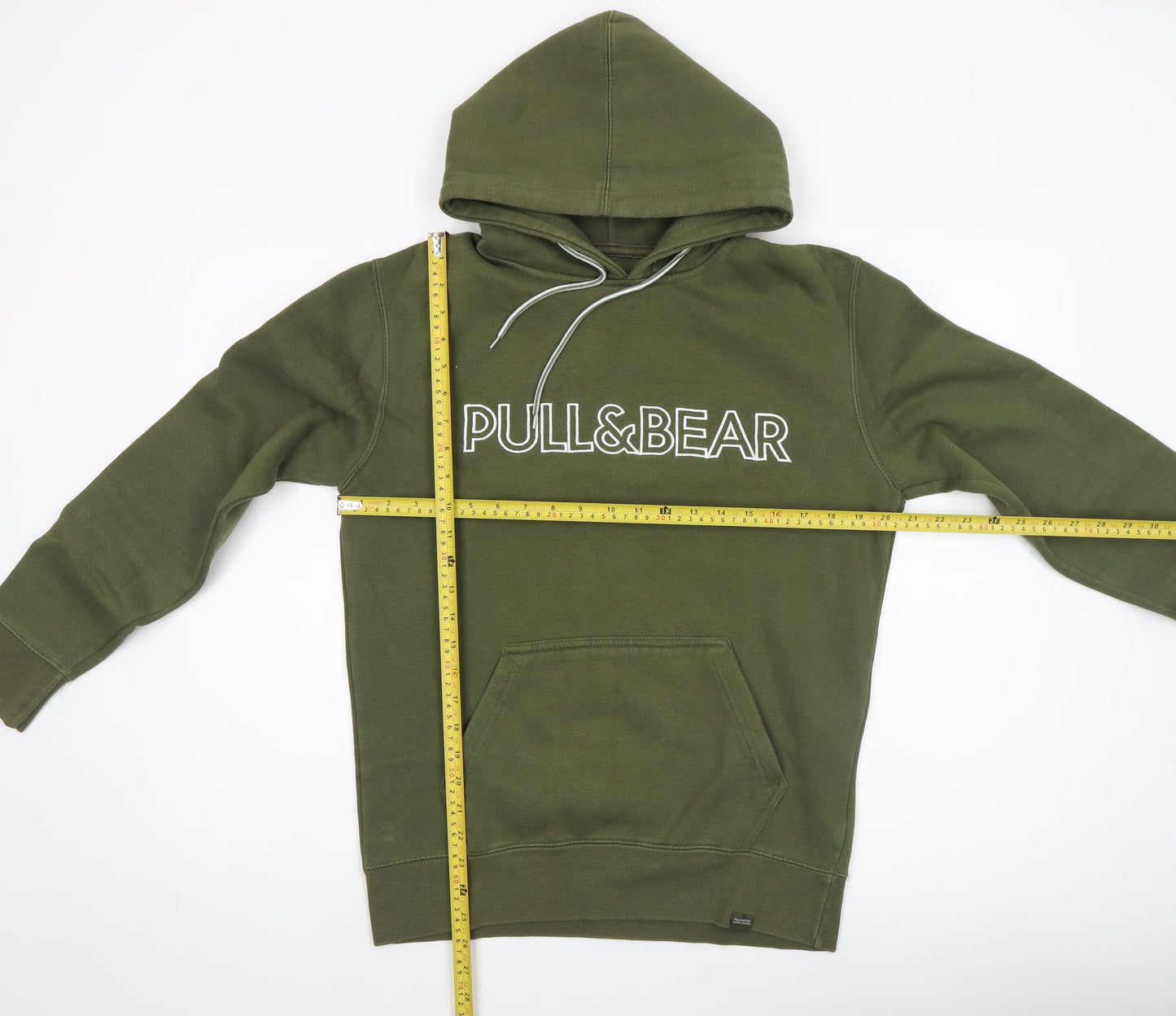 Pull&Bear Men's Green Pullover Hoodie Size S Graphic Logo Fleece