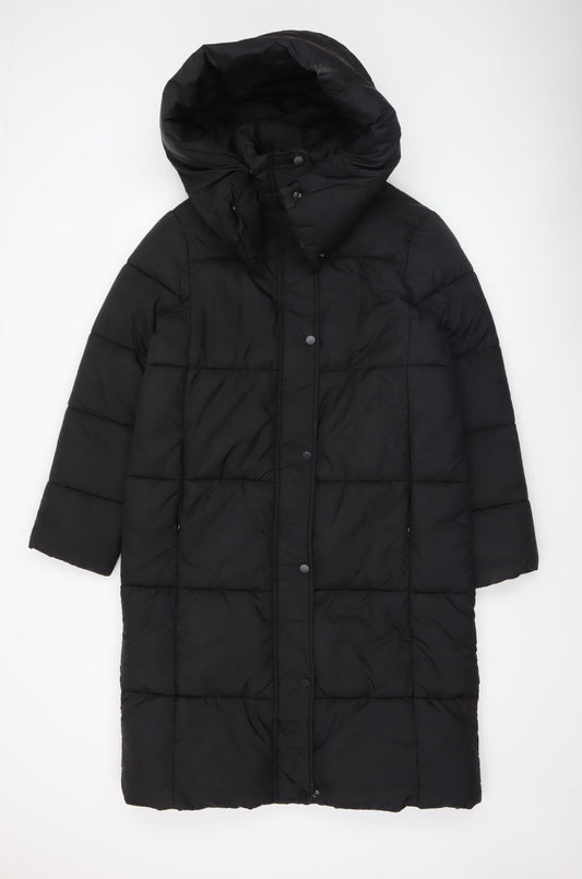 Primark Womens Black Long Puffer Coat XS Hooded Quilted Winter Jacket