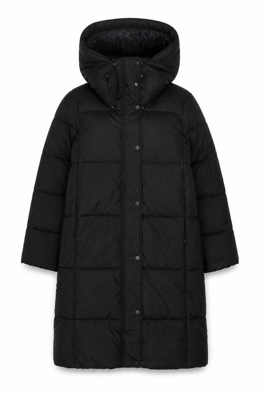 Primark Womens Black Long Puffer Coat XS Hooded Quilted Winter Jacket