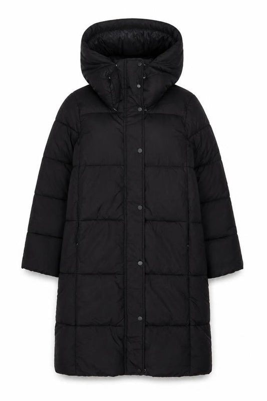 Primark Womens Black Long Puffer Coat XS Hooded Quilted Winter Jacket