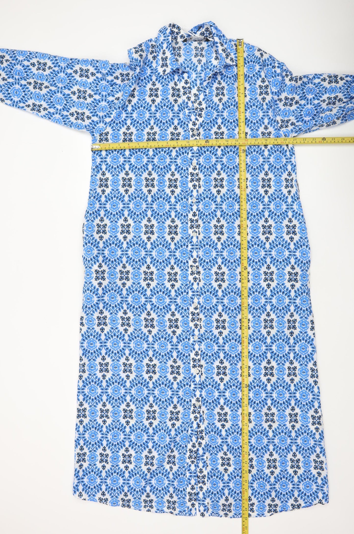 Zara Women Blue Geometric Cotton Shift Knee Length Dress Size 14