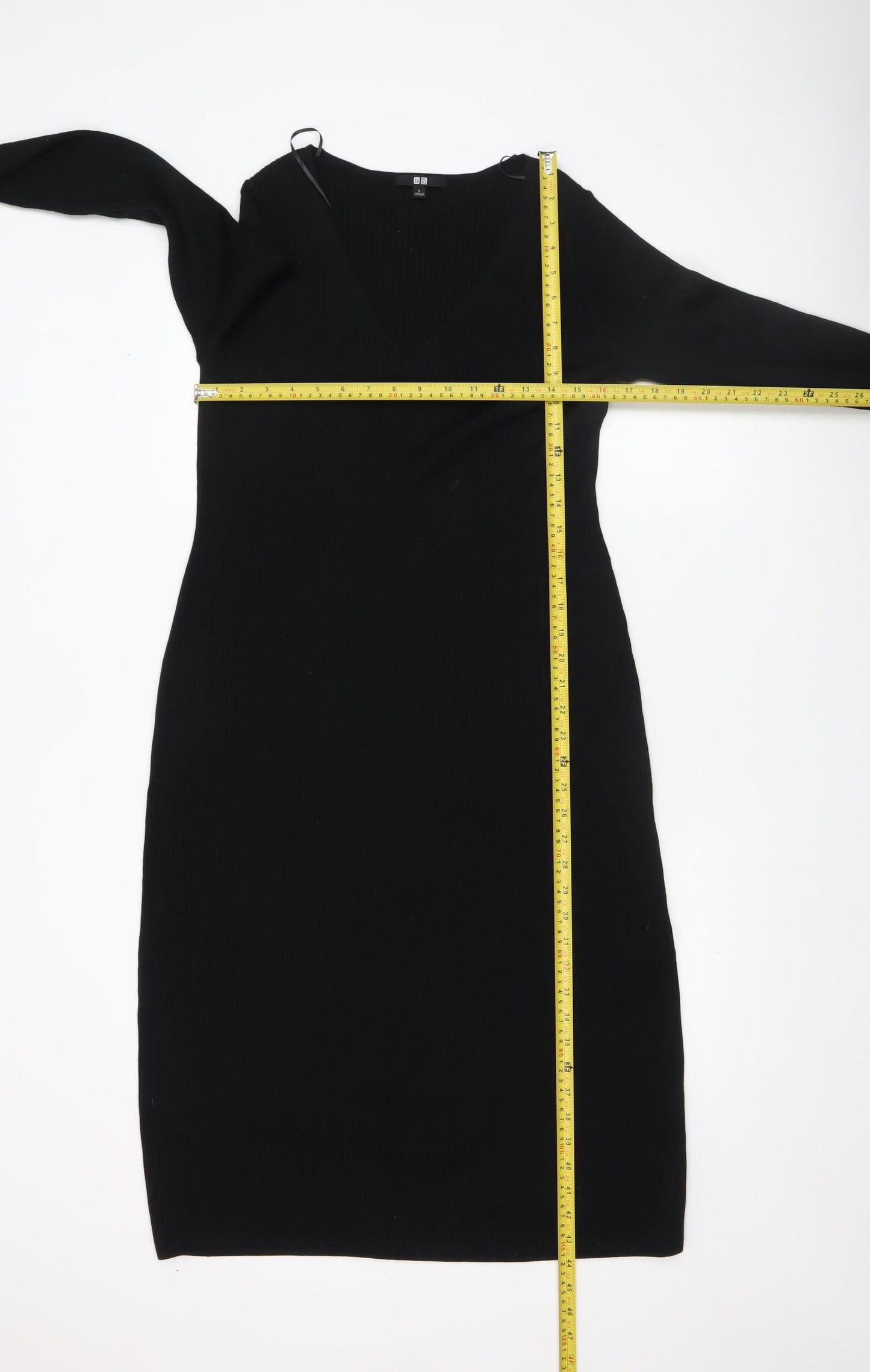 Uniqlo Women Black L Knit Bodycon Midi Dress Long Sleeve V-Neck