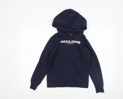 Additional front view of Jack & Jones boys’ navy pullover hoodie, size 140, cotton blend