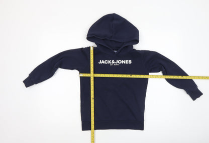 Back view of Jack & Jones boys’ navy pullover hoodie, size 140, cotton blend