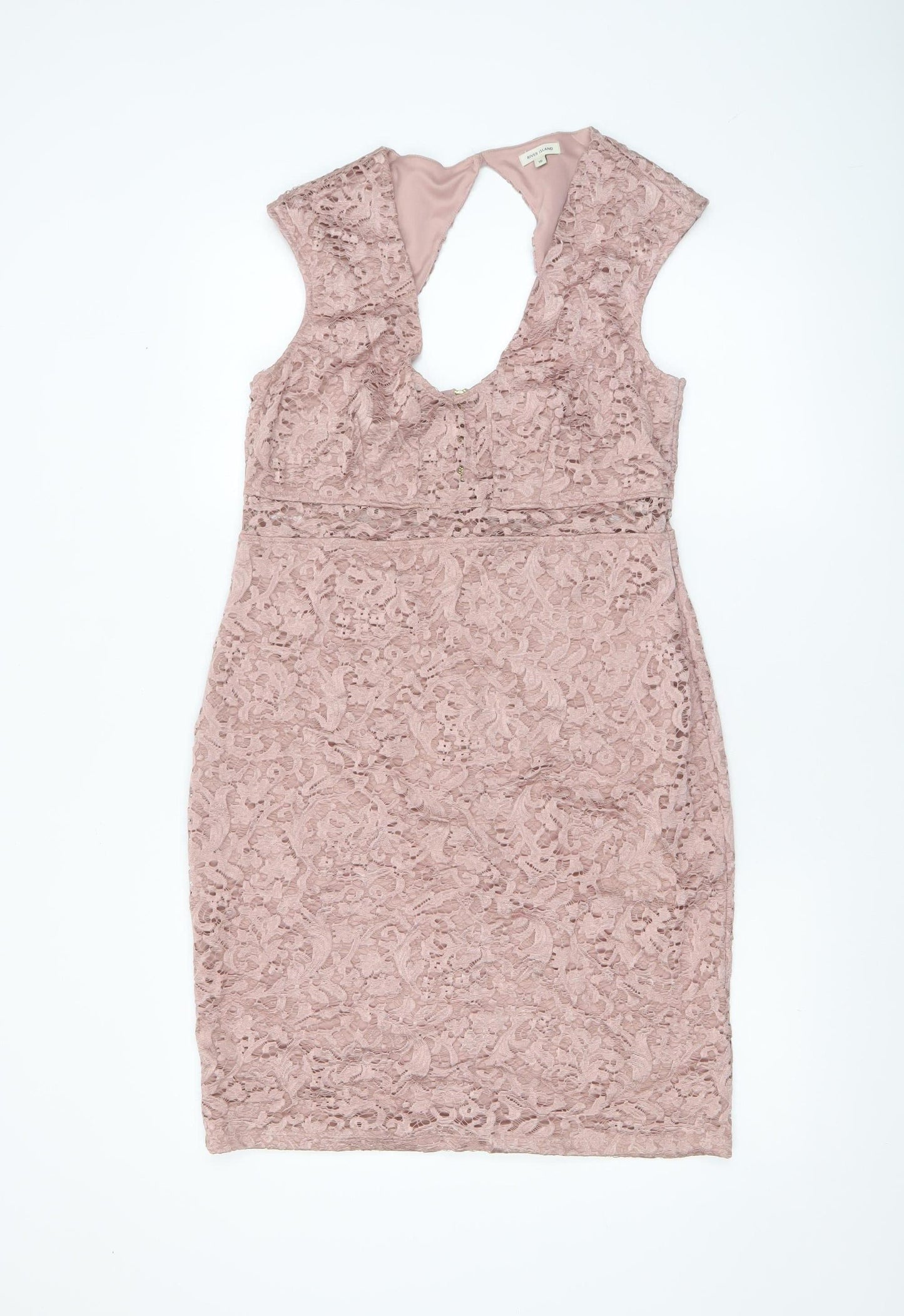 River Island Women’s Pink Lace Bodycon Dress Size 16 Sleeveless V-Neck