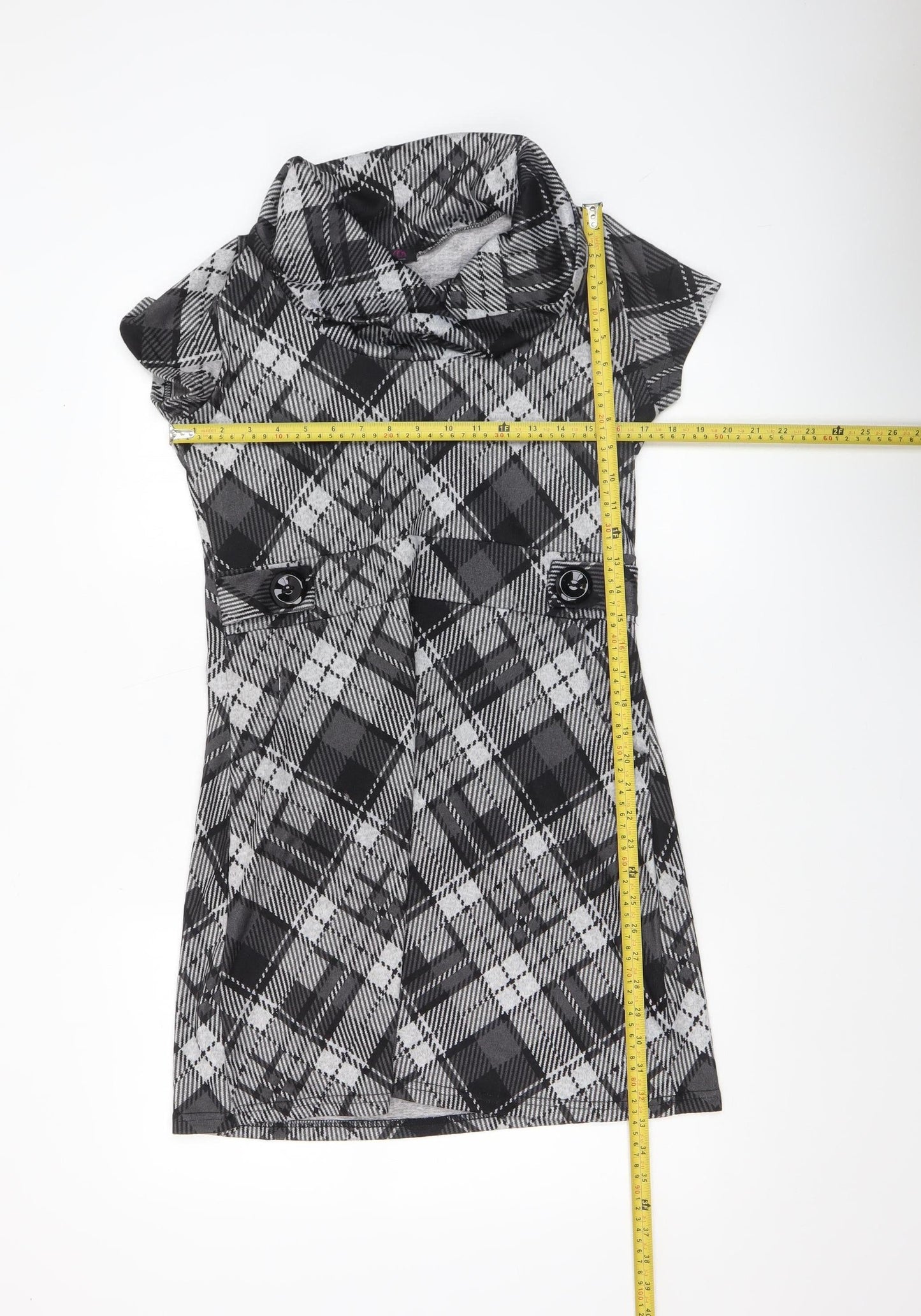 Stella Morgan Women's Black Check Shift Dress Size 12 Cowl Neck Stretch
