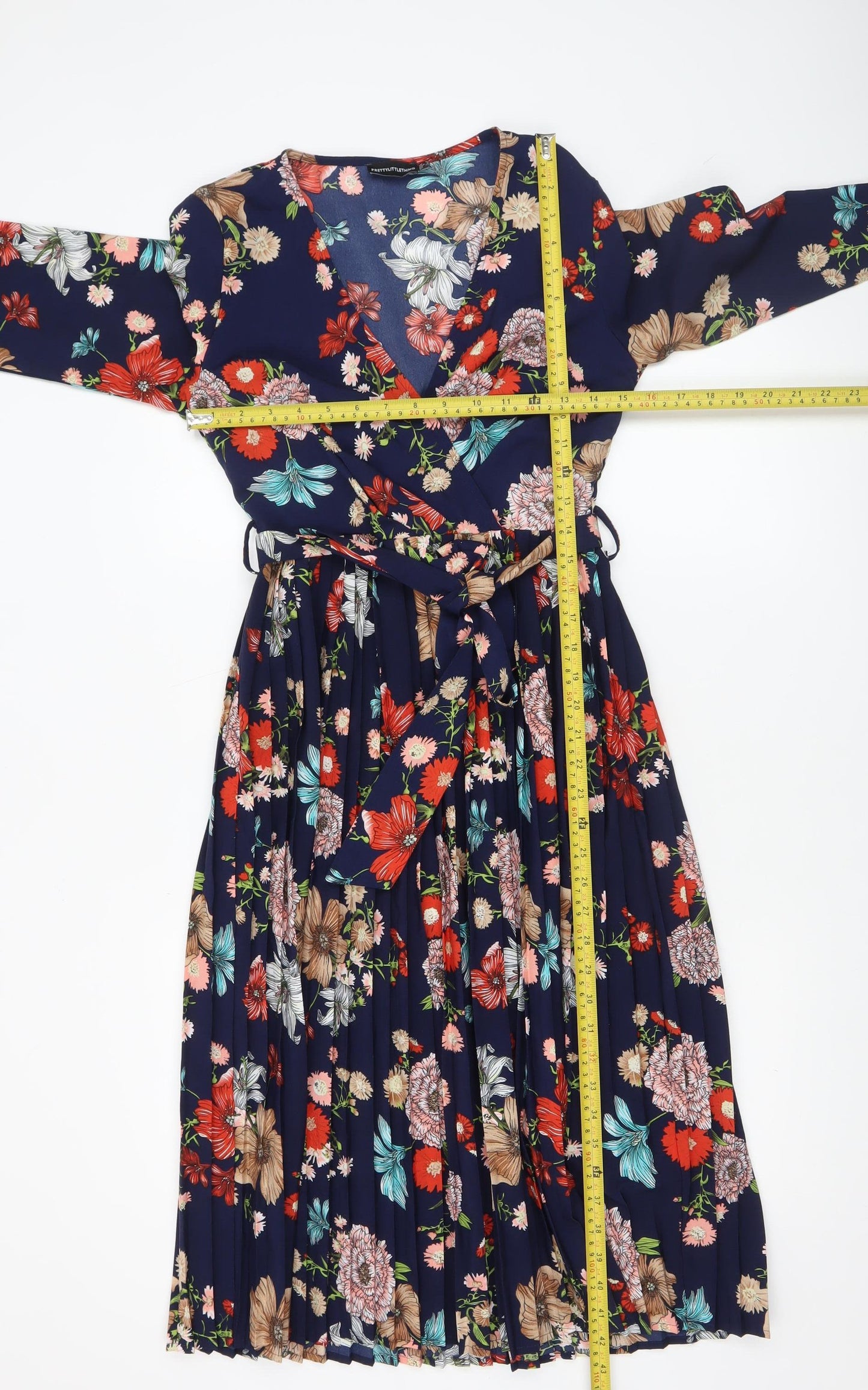 PrettyLittleThing Women Blue Floral Wrap Dress UK 10 Long Sleeve