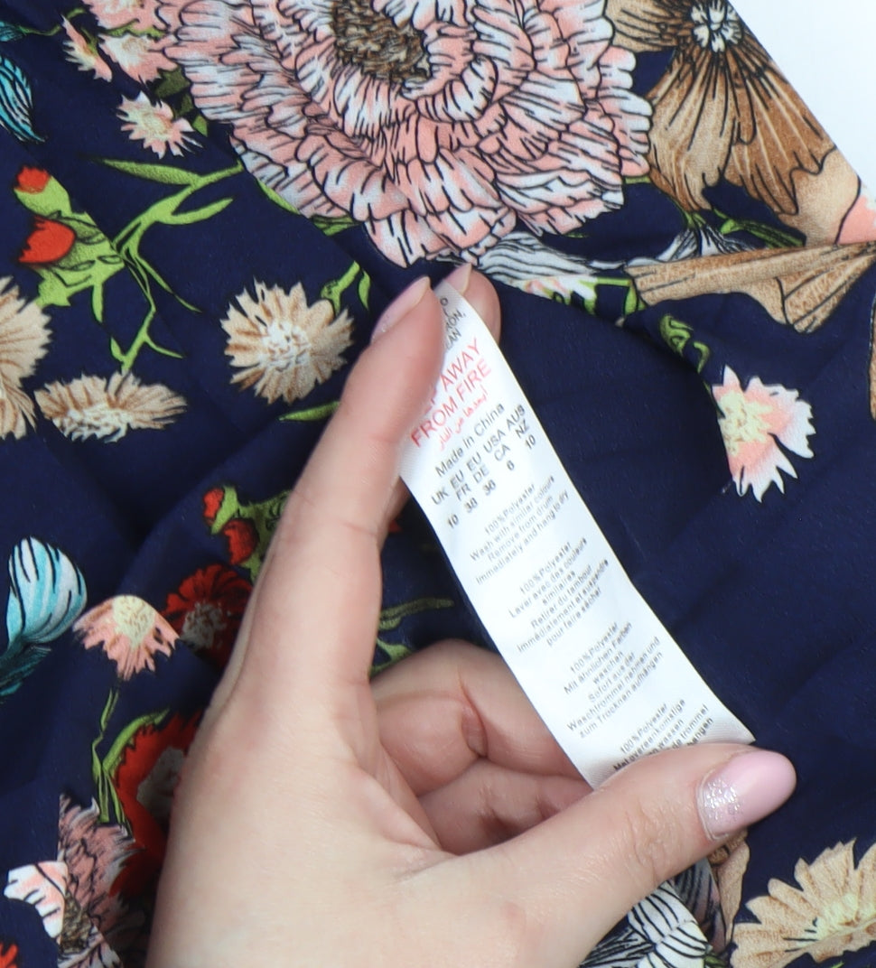 PrettyLittleThing Women Blue Floral Wrap Dress UK 10 Long Sleeve