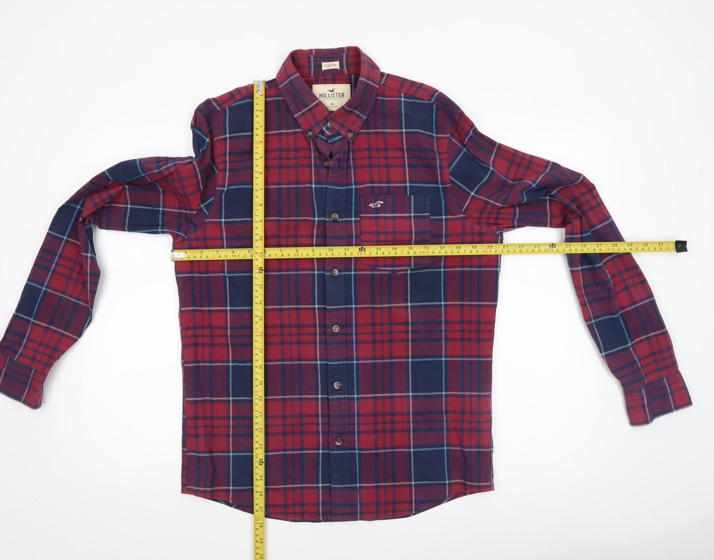 Hollister Men Red Plaid Slim Fit Long Sleeve Button-Up Shirt M