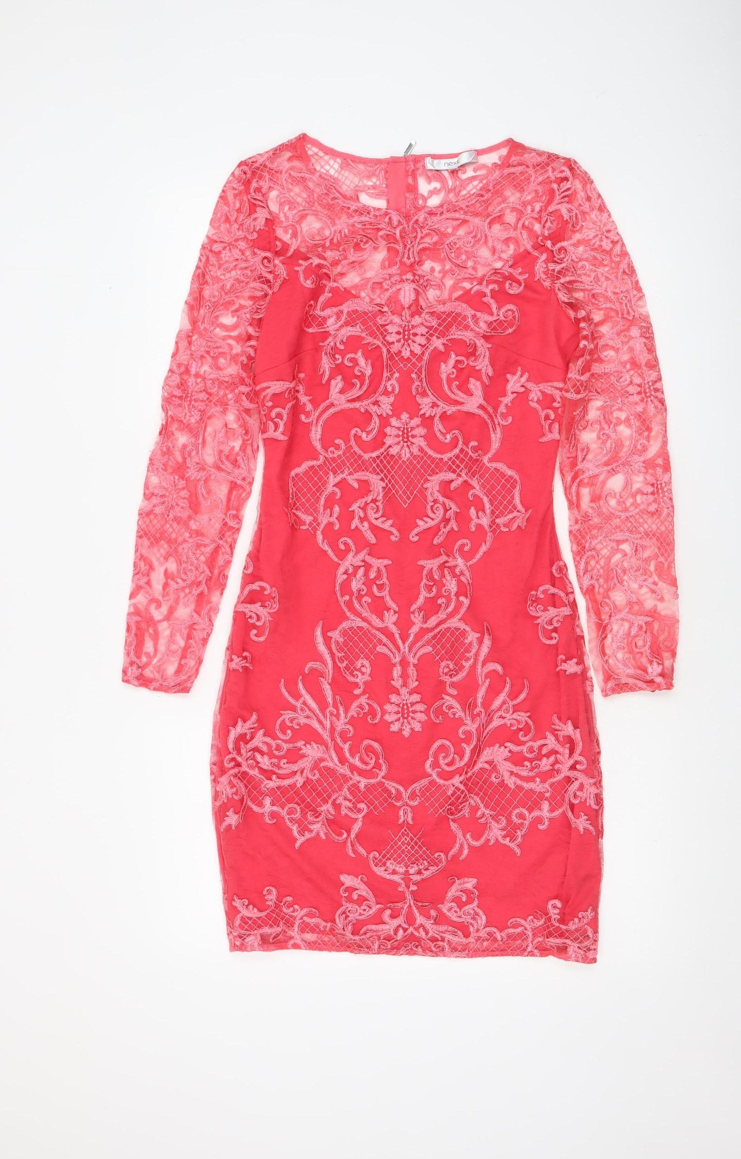 Next Women’s Pink Lace Bodycon Dress Size 8 Long Sleeve Partywear