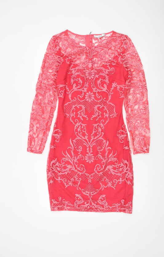 Next Women’s Pink Lace Bodycon Dress Size 8 Long Sleeve Partywear