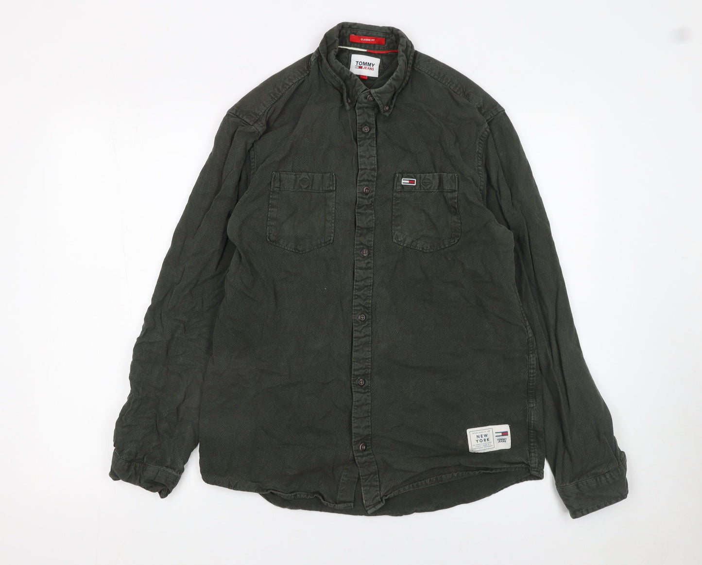Tommy Jeans Men's Green Cotton Button-Up Long Sleeve Shirt M