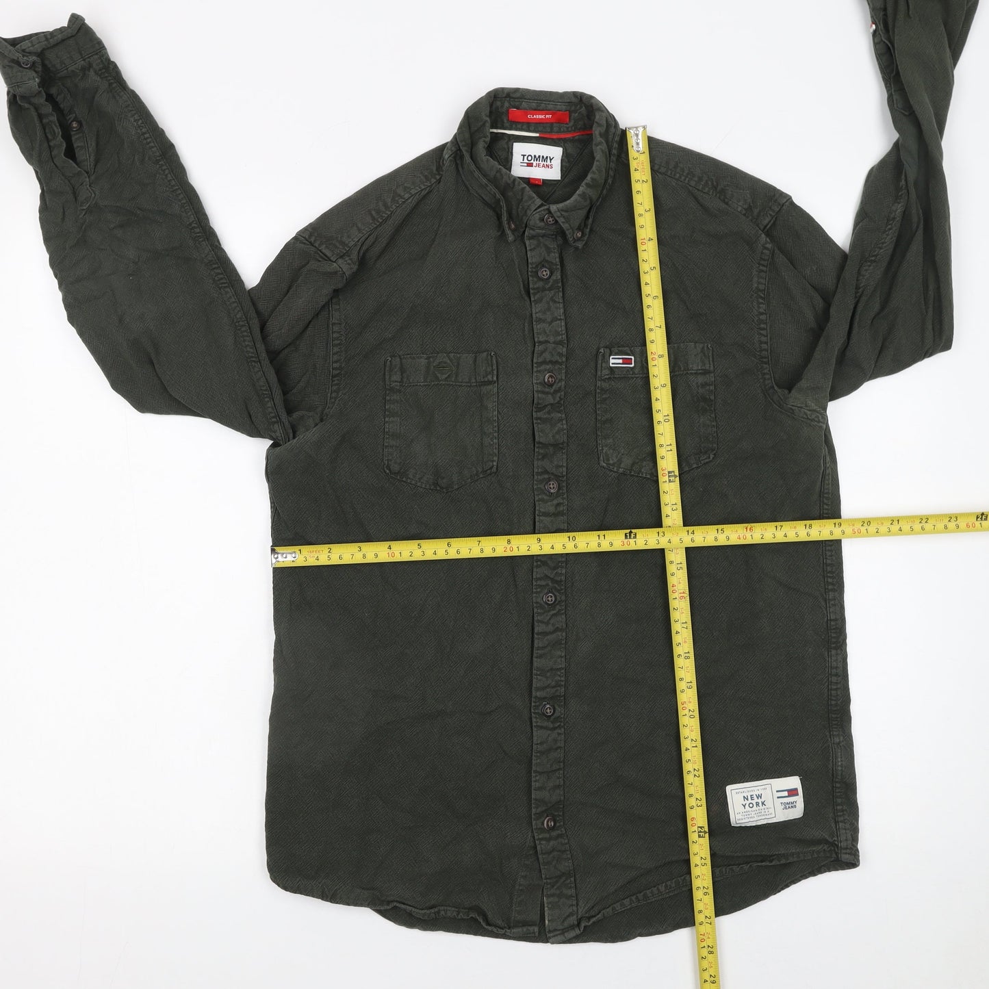 Tommy Jeans Men's Green Cotton Button-Up Long Sleeve Shirt M