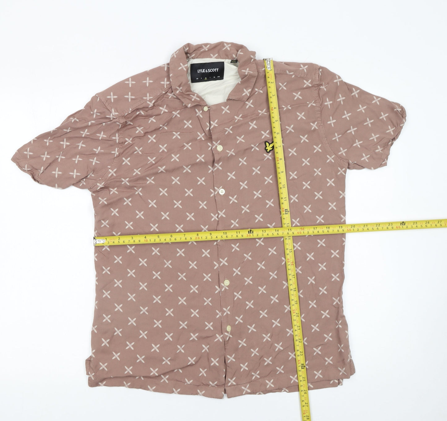 Lyle & Scott Men's Brown Geometric Short Sleeve Button-Up Shirt Size M