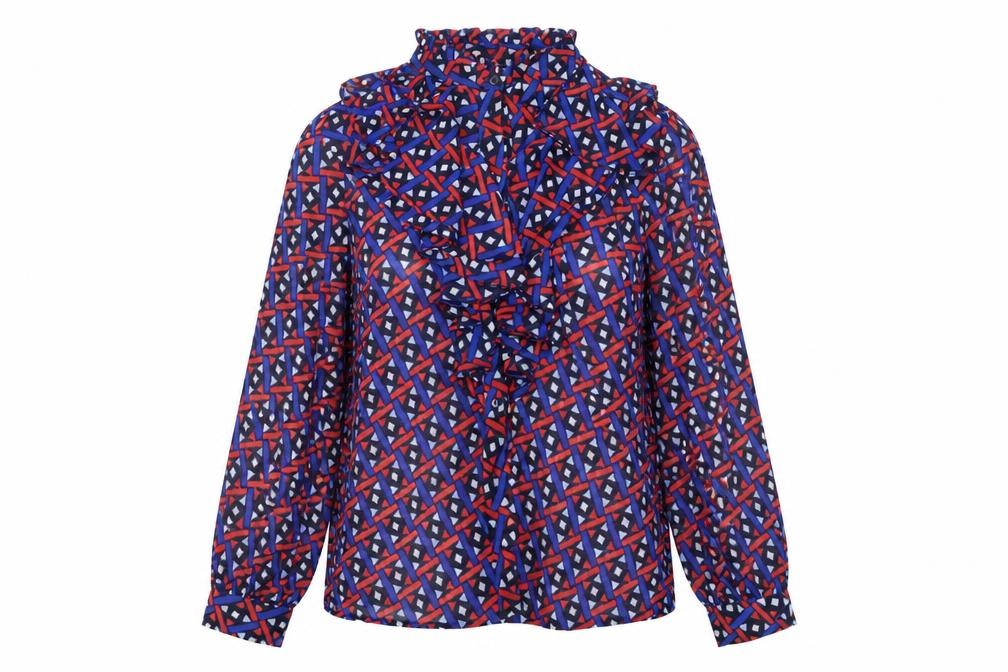 Savida Women Blue Red Geometric Long Sleeve Ruffle Blouse Size 10