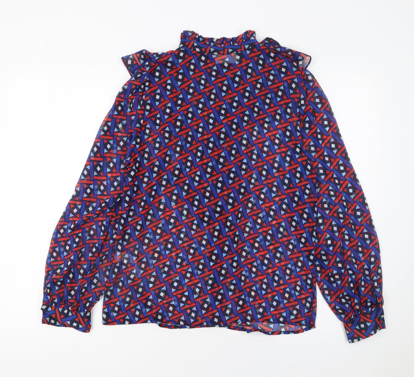 Savida Women Blue Red Geometric Long Sleeve Ruffle Blouse Size 10