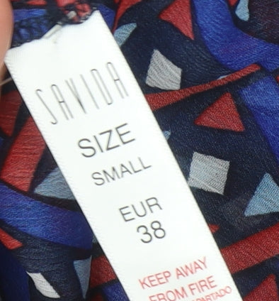 Savida Women Blue Red Geometric Long Sleeve Ruffle Blouse Size 10