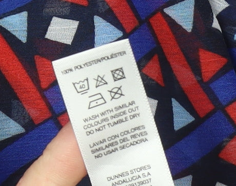 Savida Women Blue Red Geometric Long Sleeve Ruffle Blouse Size 10