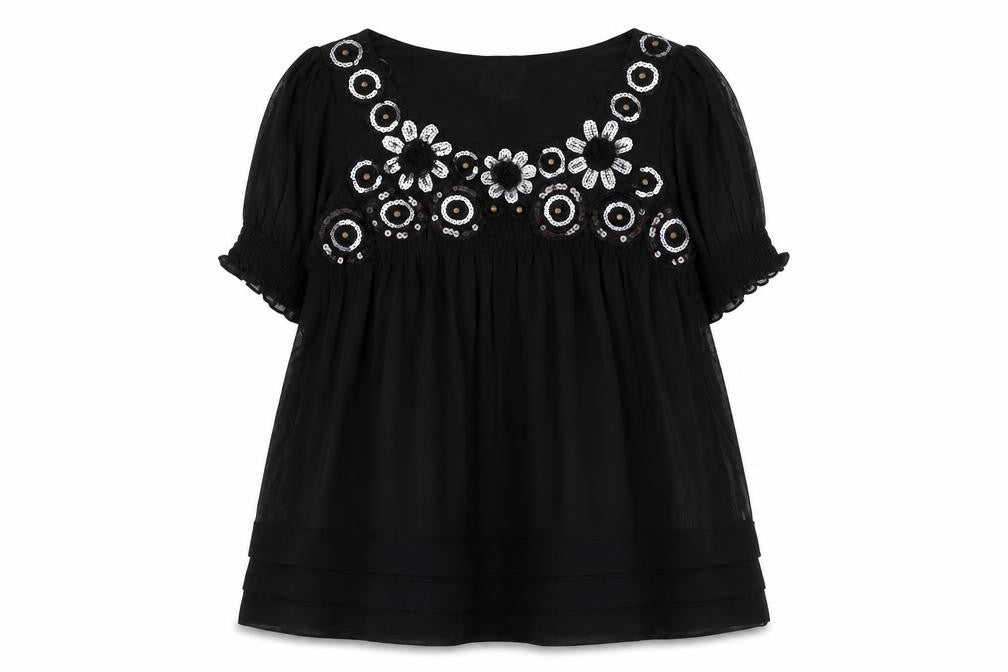 ECI New York Black Sequin Embroidered Short Sleeve Tunic Top Size 10