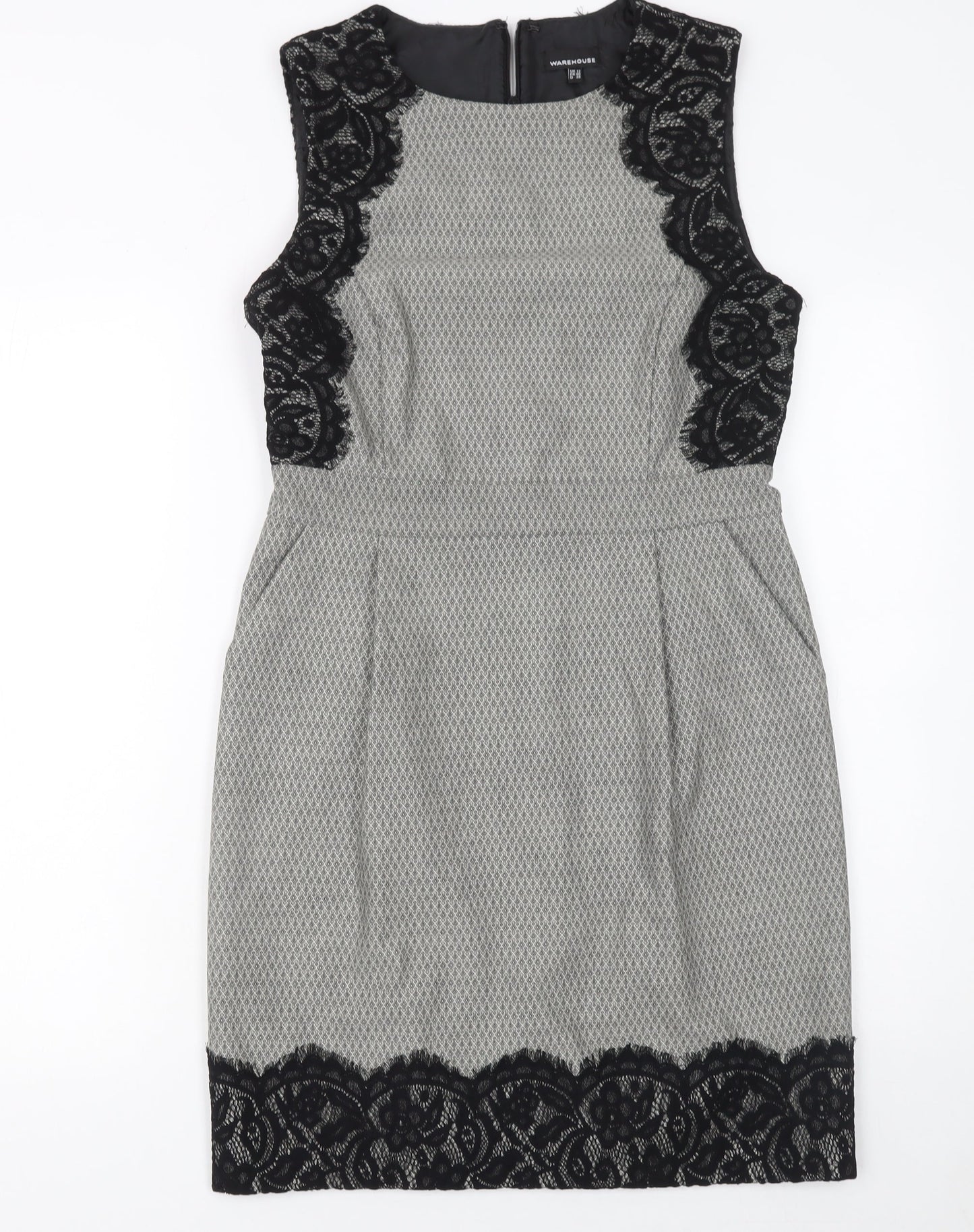 Warehouse Women Grey Sleeveless Sheath Lace Panel Dress Size 12