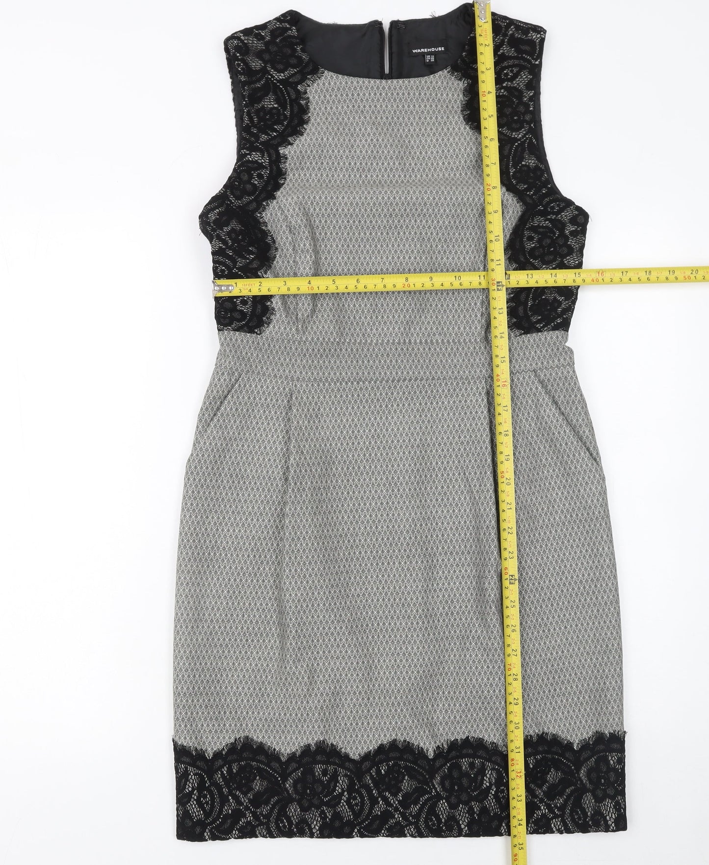 Warehouse Women Grey Sleeveless Sheath Lace Panel Dress Size 12