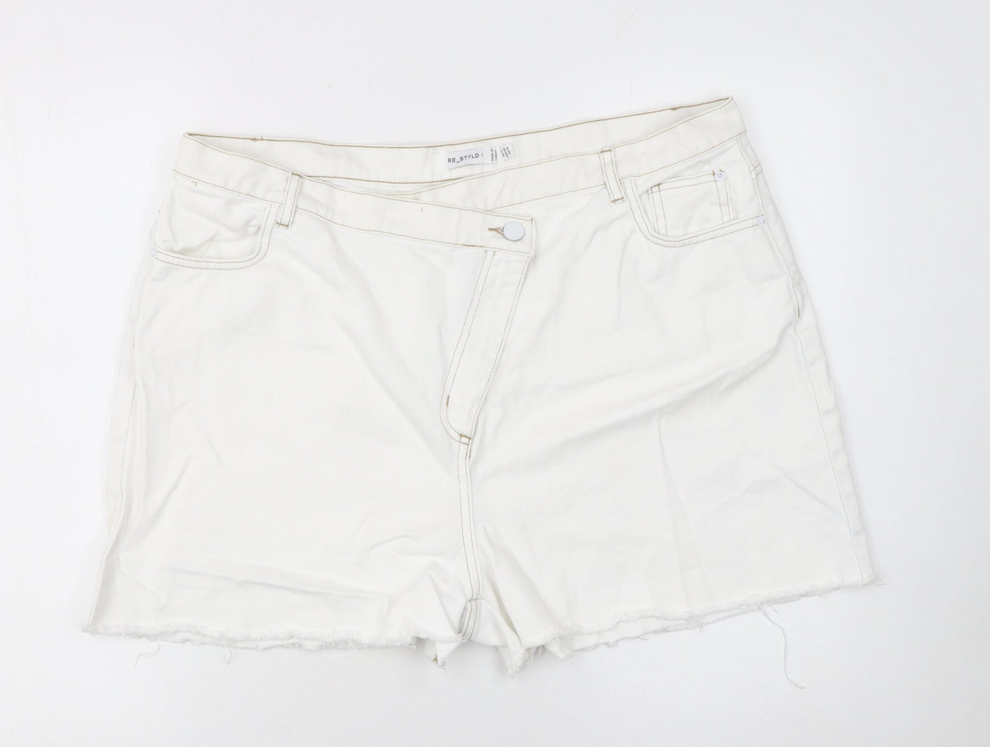 RE_STYLD Women’s White Cut-Off Denim Shorts Size 18 Cotton