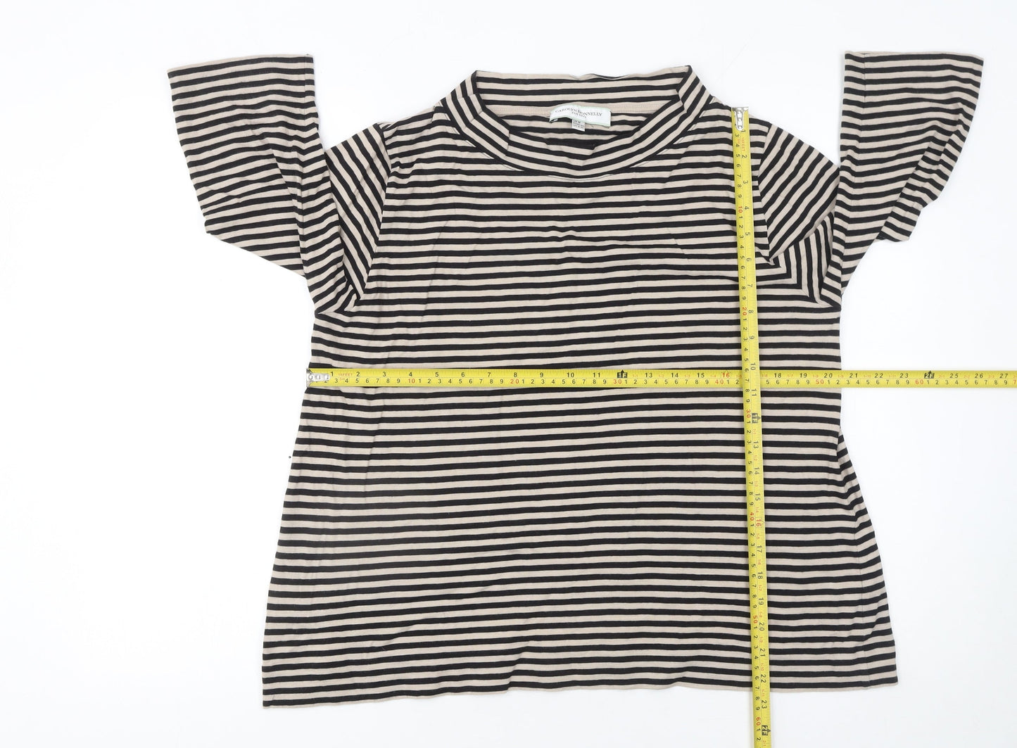 Carolyn Donnelly The Edit Women's Beige Striped 3/4 Sleeve Cotton T-Shirt Size M