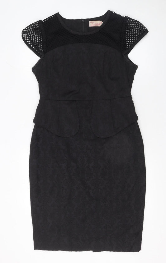 Darcy Women Black Knee Length Sheath Dress L Peplum Mesh Detail