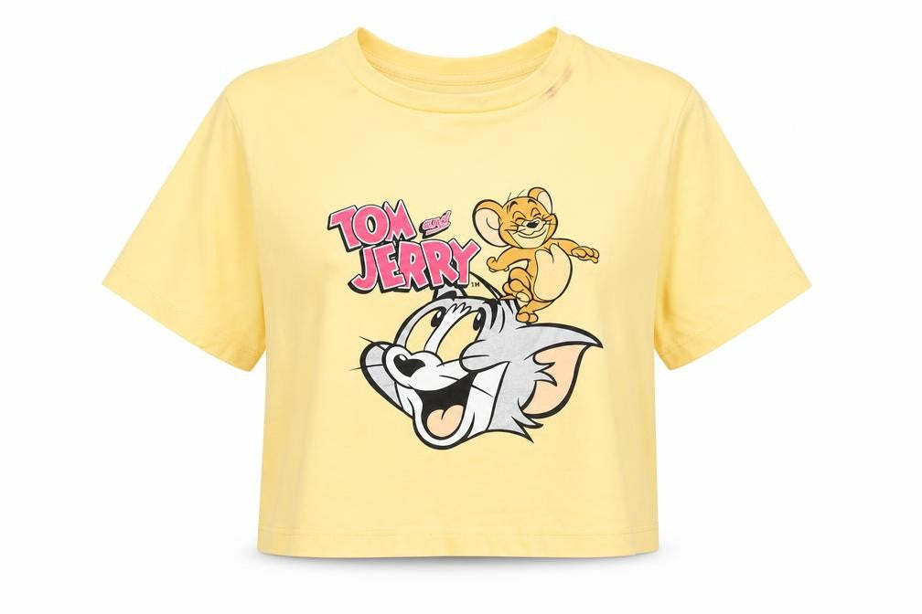 Tom and Jerry Women's Yellow Cropped T-Shirt M Crew Neck Cotton