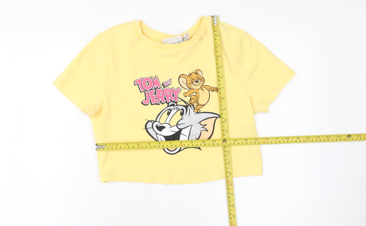 Tom and Jerry Women's Yellow Cropped T-Shirt M Crew Neck Cotton