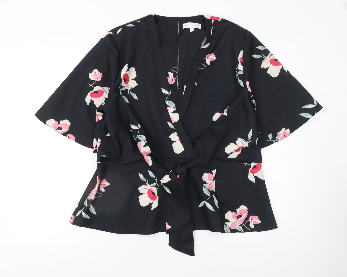 Marc Angelo Women Black Floral Wrap Blouse UK 16 Kimono Sleeve Top