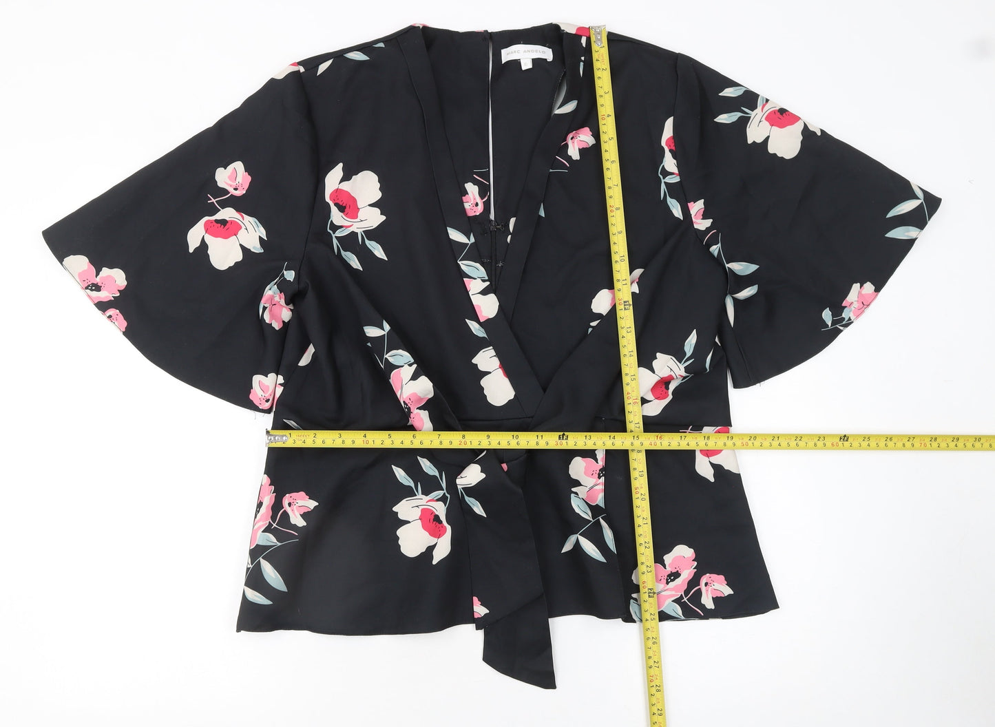 Marc Angelo Women Black Floral Wrap Blouse UK 16 Kimono Sleeve Top