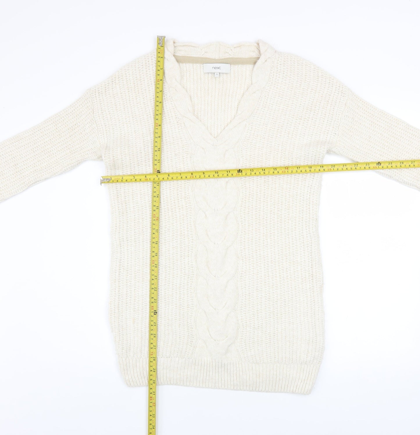 Next Women Ivory Cable-Knit V-Neck Long Sleeve Jumper Size 10