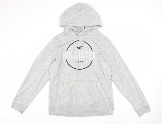 Hollister Men’s Grey Pullover Hoodie L Logo Print Classic Fleece