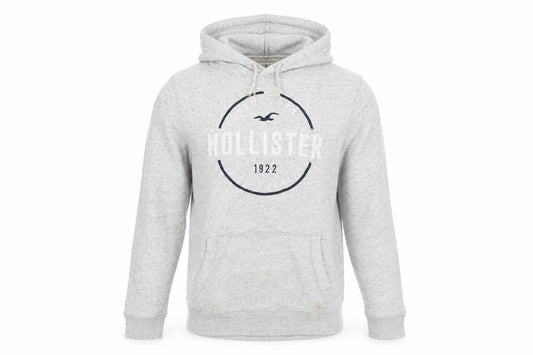 Hollister Men’s Grey Pullover Hoodie L Logo Print Classic Fleece
