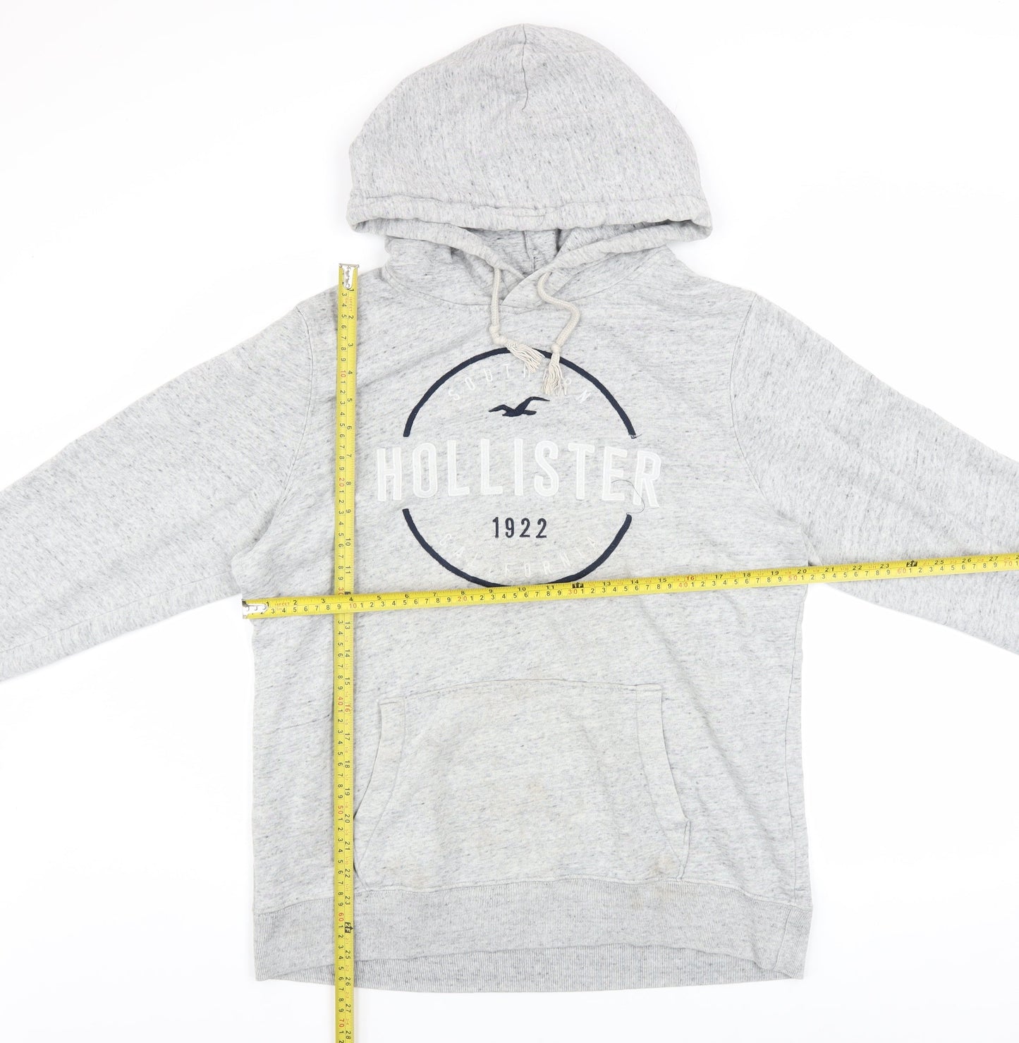 Hollister Men’s Grey Pullover Hoodie L Logo Print Classic Fleece