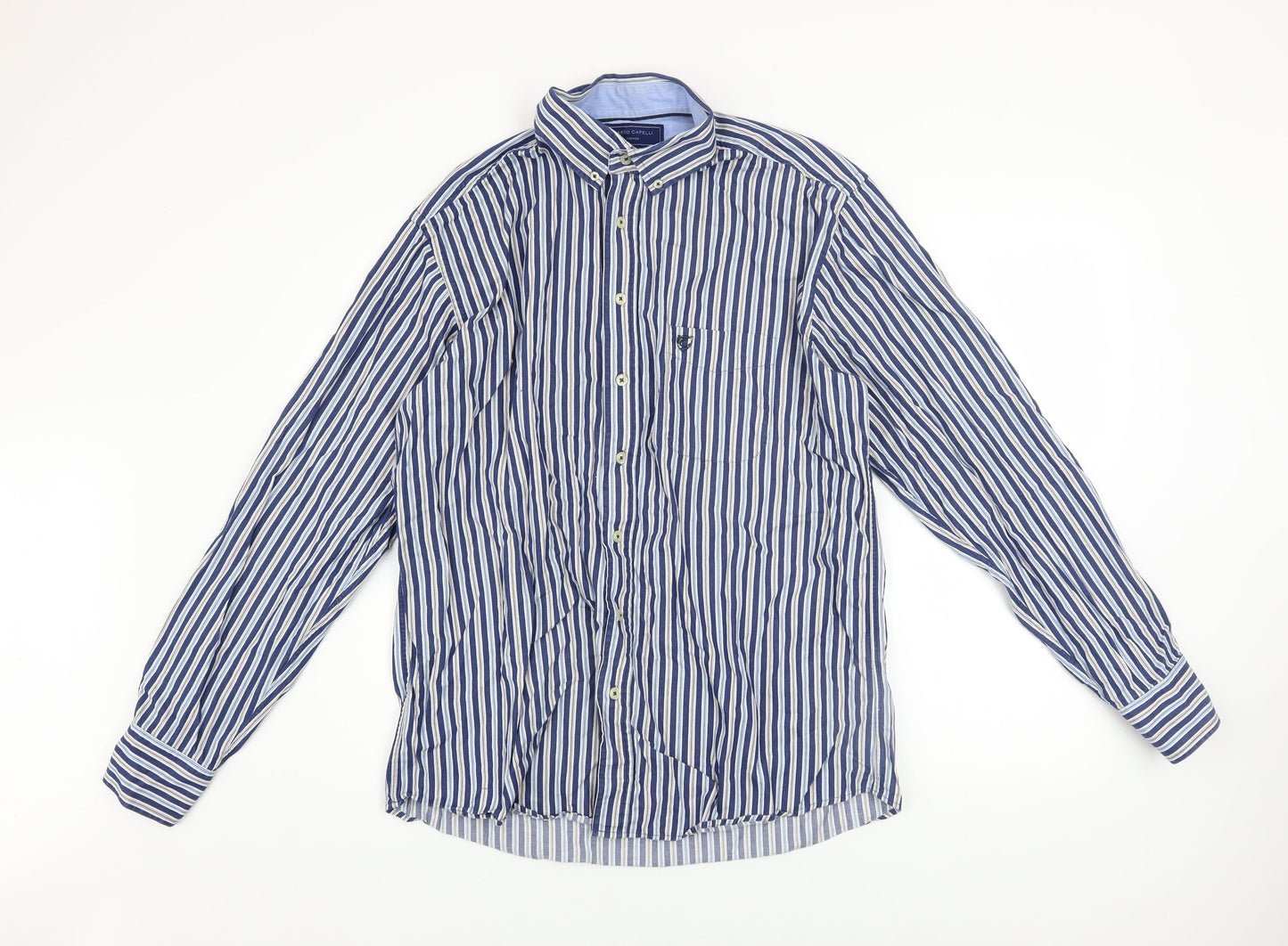 Marco Capelli Men's Blue Striped Cotton Button-Up Shirt Size L