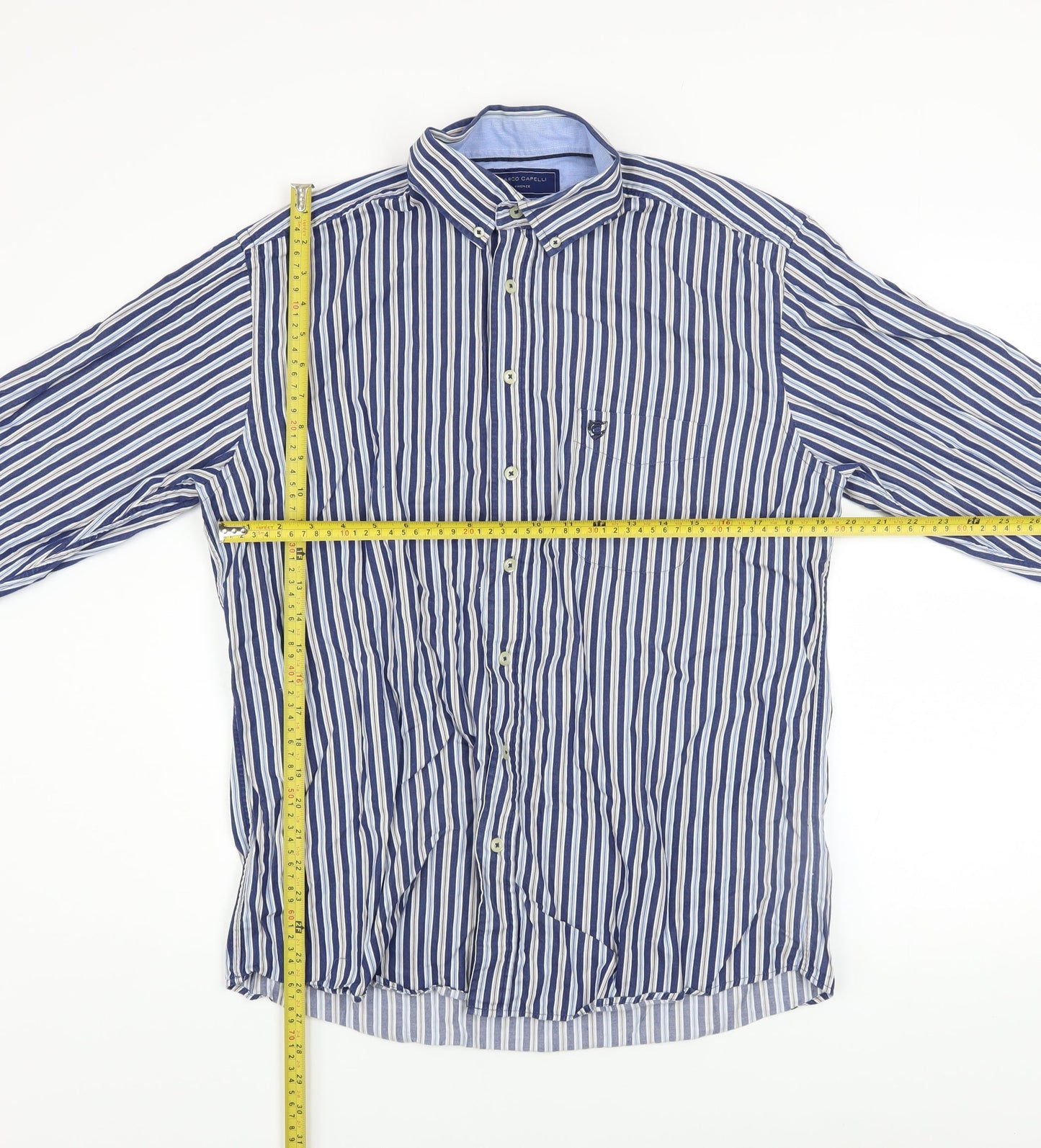 Marco Capelli Men's Blue Striped Cotton Button-Up Shirt Size L