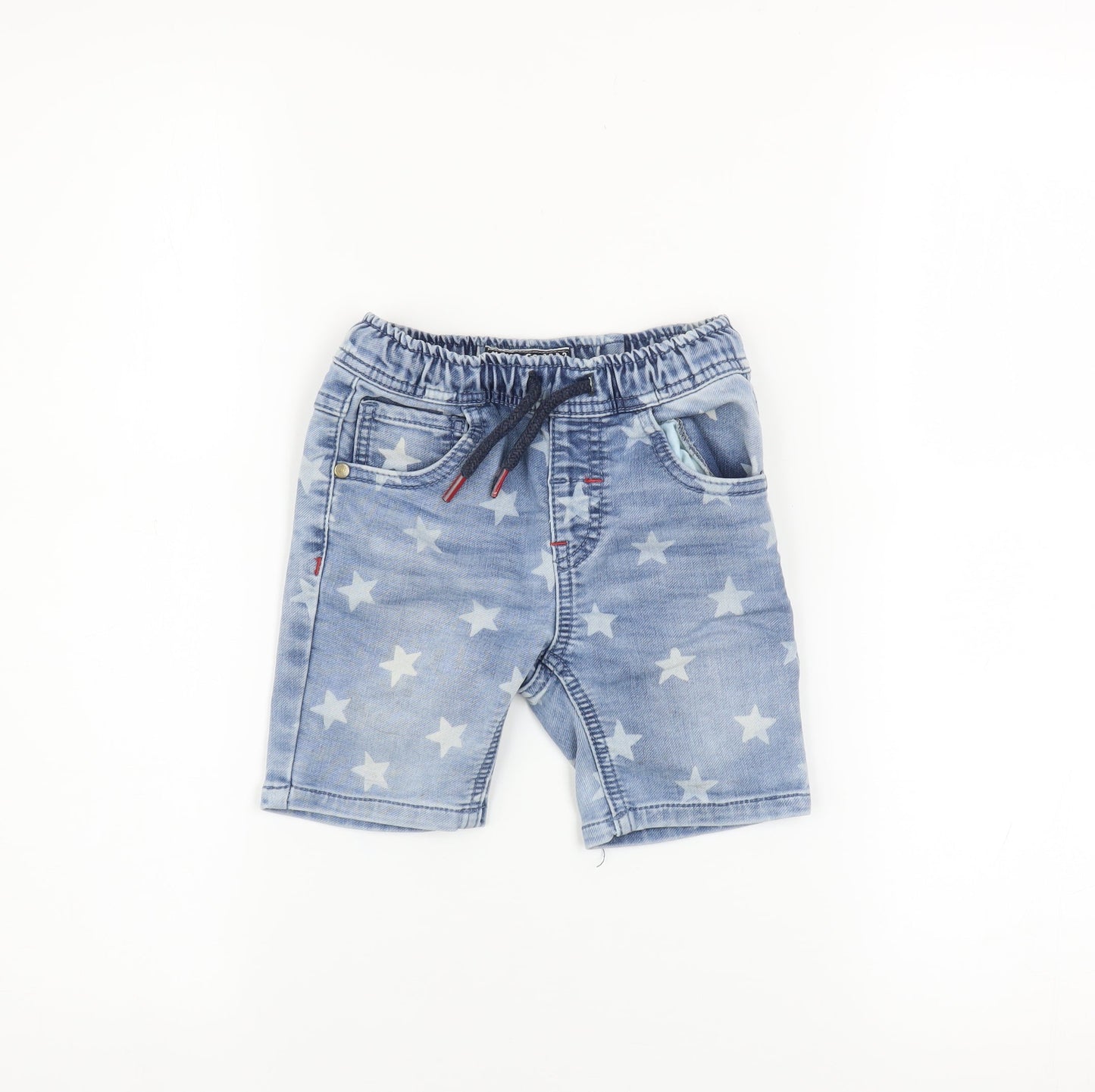 Next Boys Blue Star Print Denim Chino Shorts Size 2 Years Elastic Waist