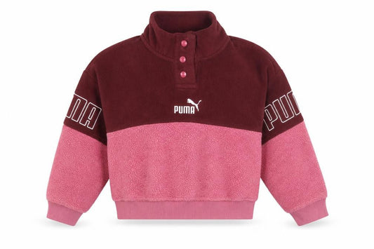 Front view of Puma girls’ pink colourblock fleece pullover sweatshirt 7-8 years
