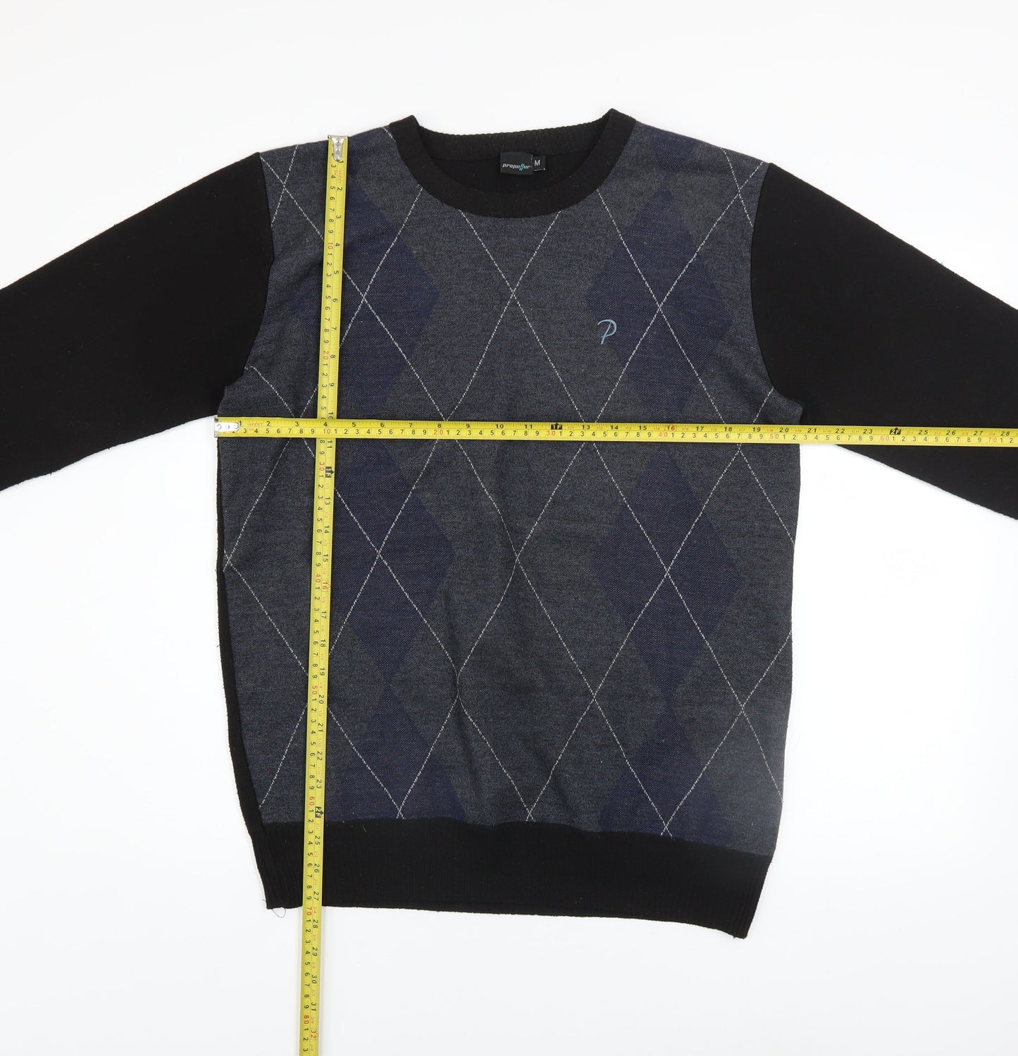 Propeller Men's Black Argyle Pullover Jumper Size M Crew Neck Knit