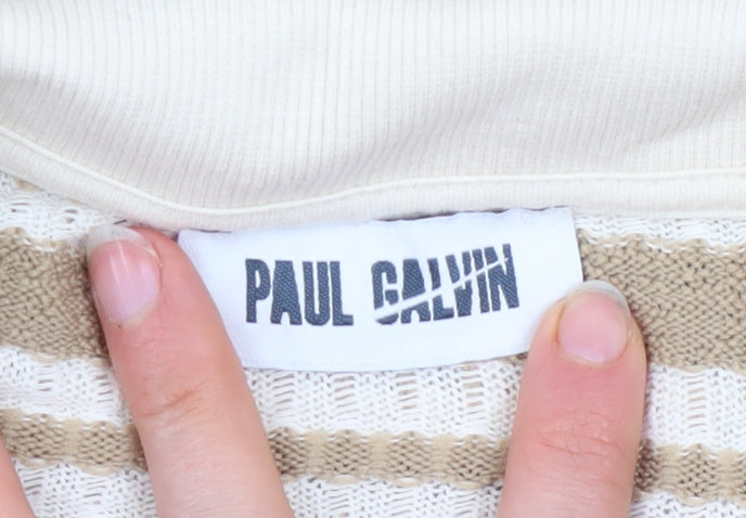 Paul Calvin Men's Beige Striped Polo Shirt XL Short Sleeve Knit
