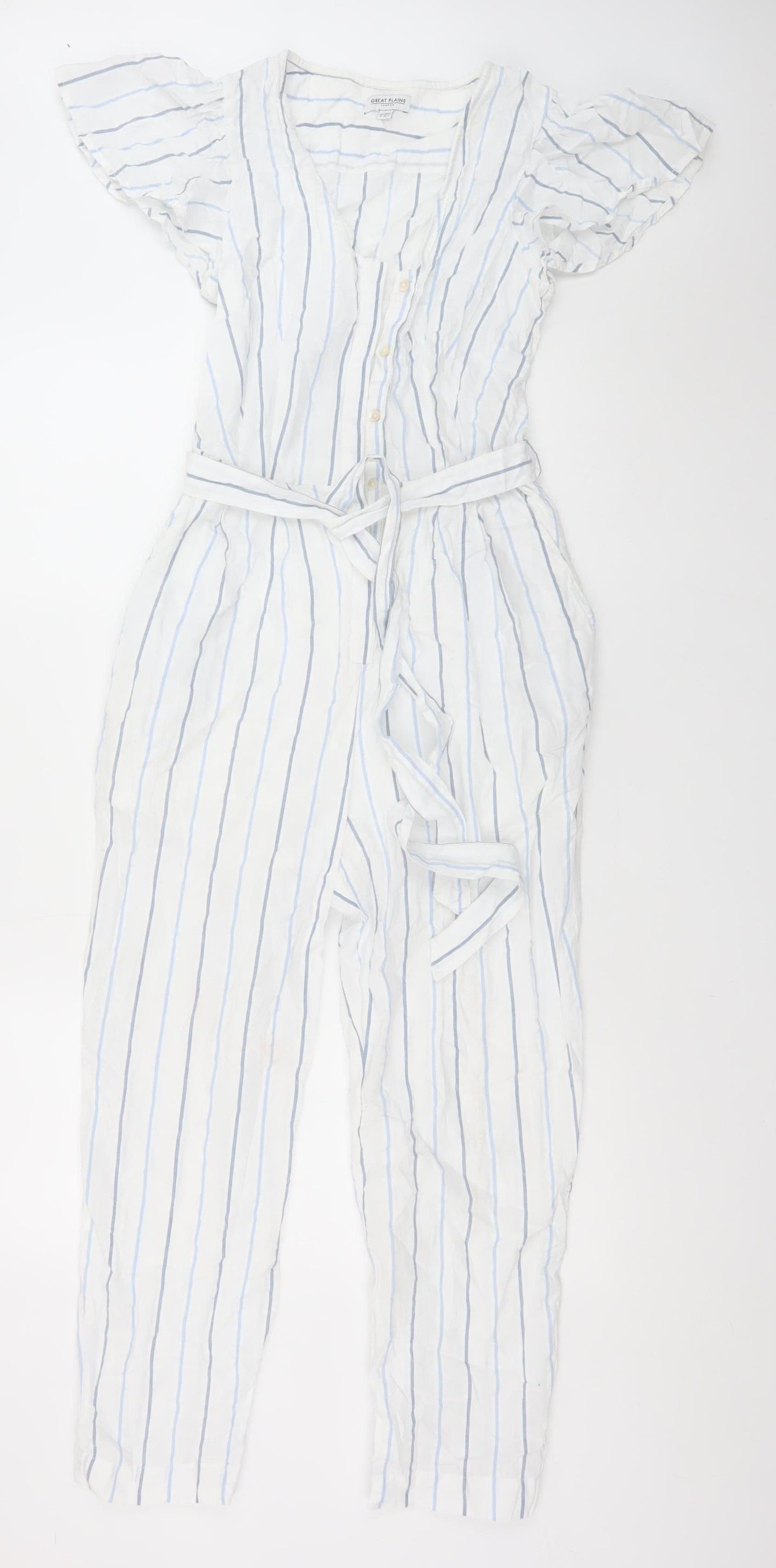Great Plains Women White Blue Striped Belted Jumpsuit Size 8 Cotton
